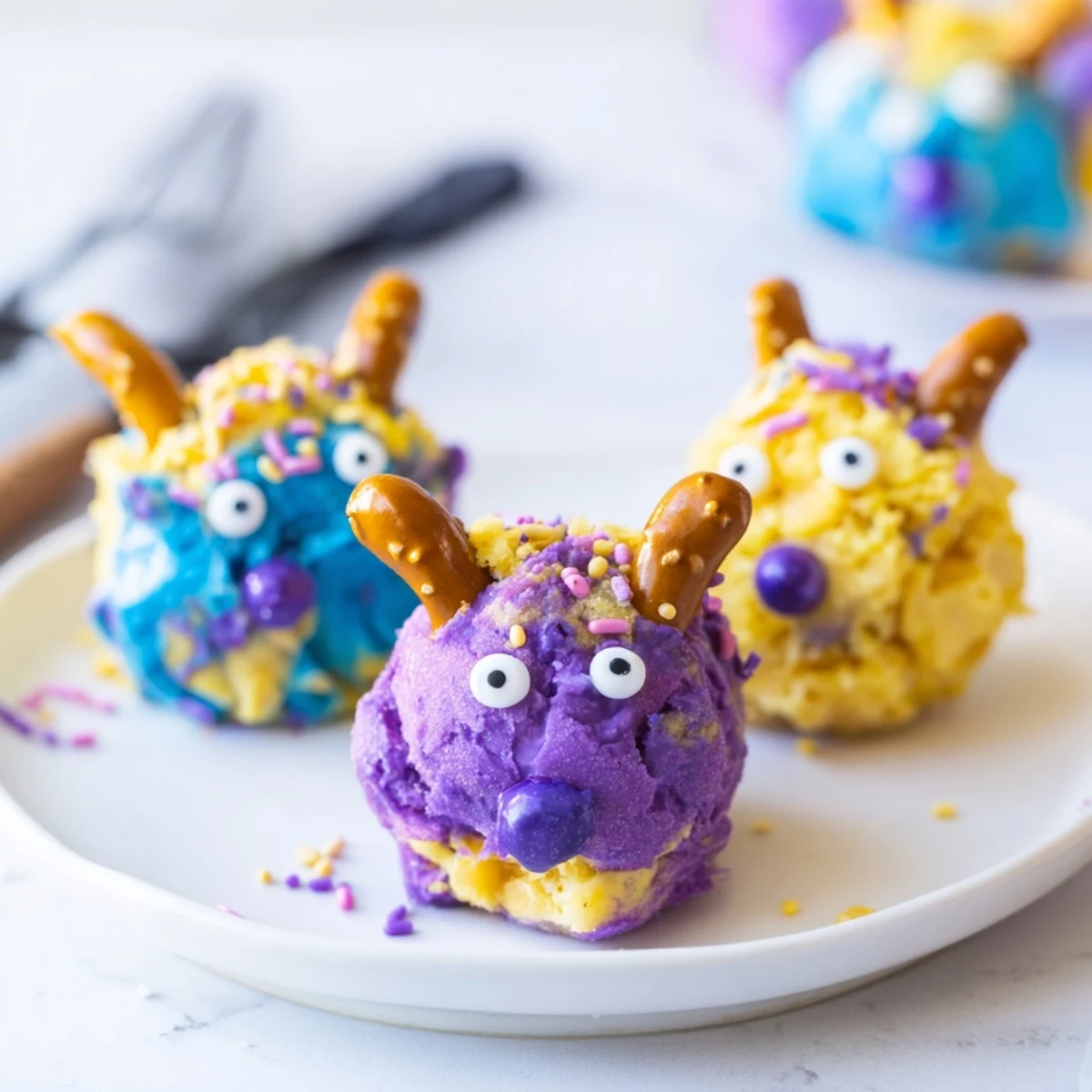 Festive Cheesy Pretzel Cream Cheese Monster Cake Balls with crunchy pretzel accents and vibrant colors.