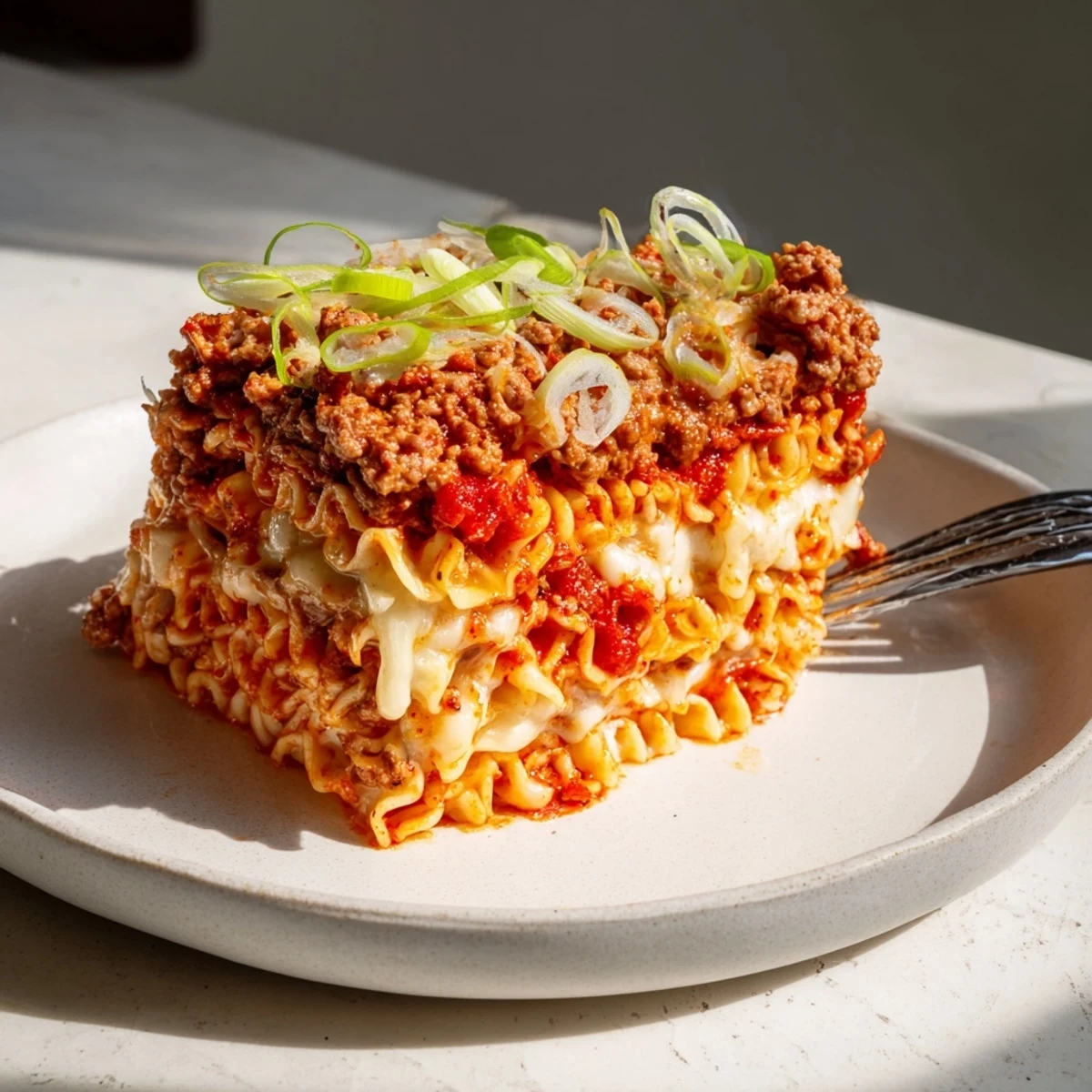 Delicious Spicy Ramen Lasagna, layered with noodles, cheese, and zesty pork sauce.  