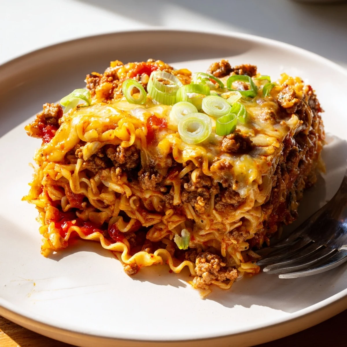 Comforting bowl of Spicy Ramen Lasagna features creamy cheese and bold flavors.  