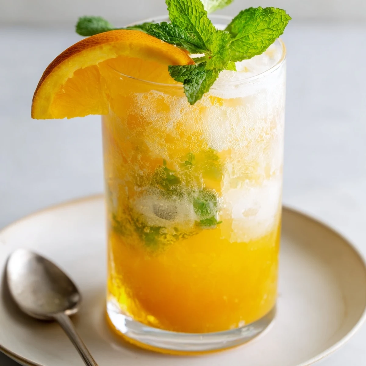 Refreshing probiotic soda mocktail in a glass with citrus garnishes and mint.  