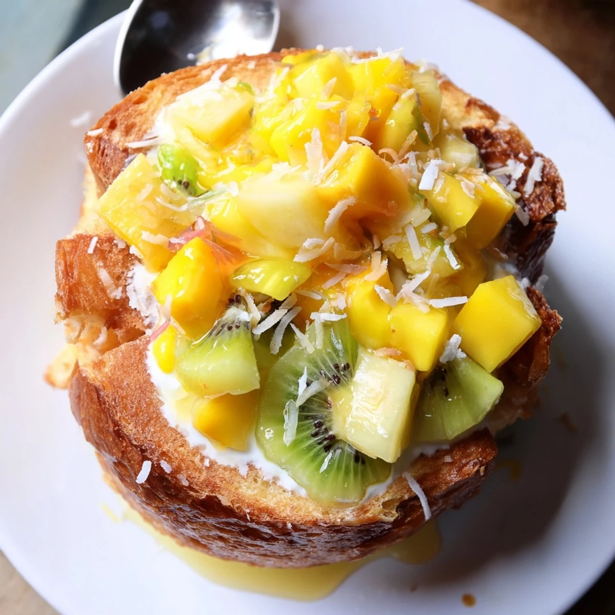 Creamy yogurt-custard toast topped with fresh tropical fruits for a delightful breakfast.  