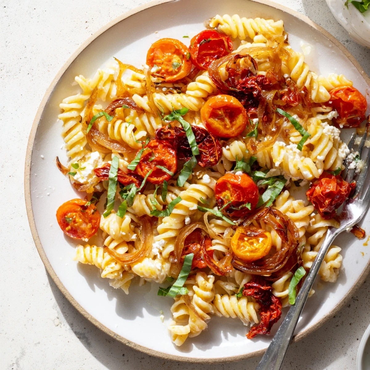Creamy Baked Feta Pasta with caramelized onions and sun-dried tomatoes, vibrant and delicious.  