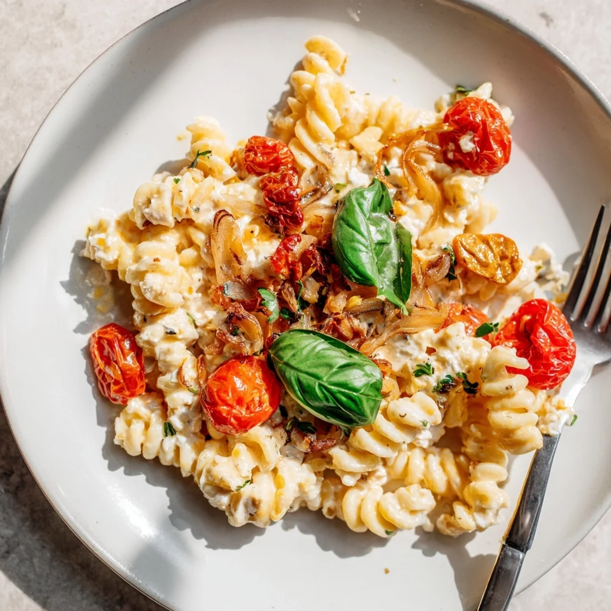 Deliciously cheesy Baked Feta Pasta topped with rich caramelized onions for an irresistible meal.