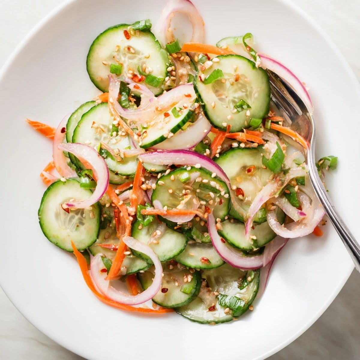 Cucumber Salad Remix vibrant with fresh vegetables and tangy Asian dressing ready to serve.  