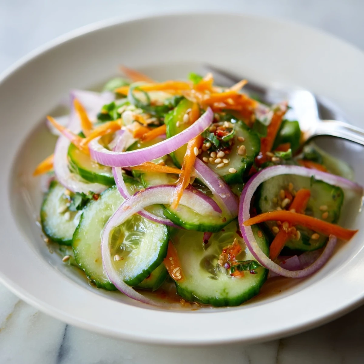 Colorful Cucumber Salad Remix drizzled with sesame oil, perfect for summer gatherings.  
