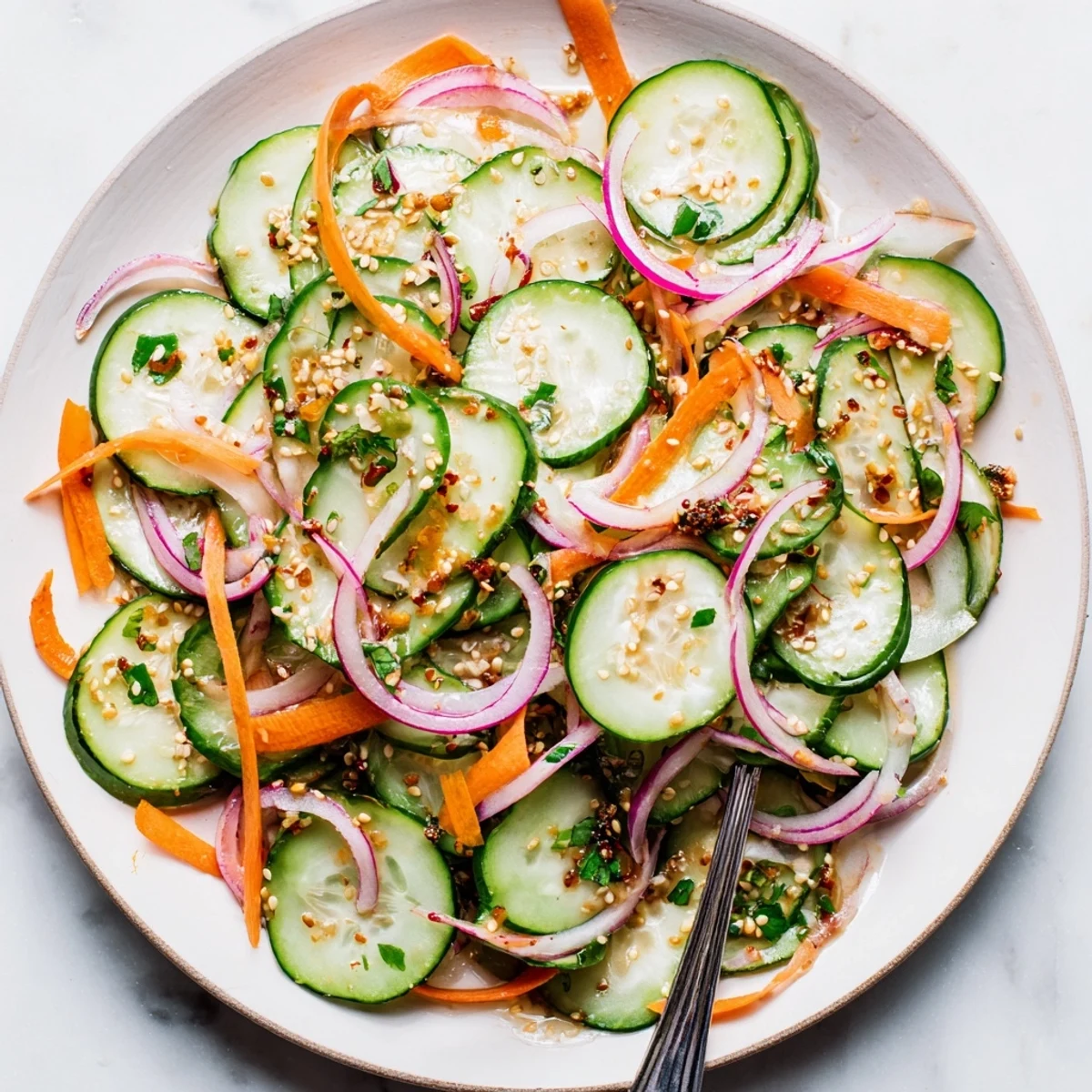 Light and refreshing Cucumber Salad Remix topped with toasted sesame seeds for extra crunch.