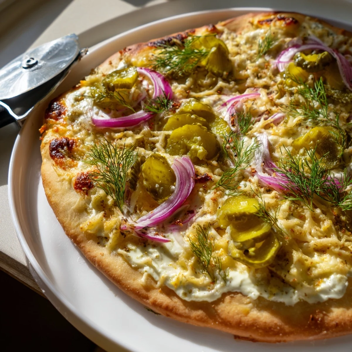 Golden-brown Pickle Pizza, bubbling with cheese and garnished with fresh dill.