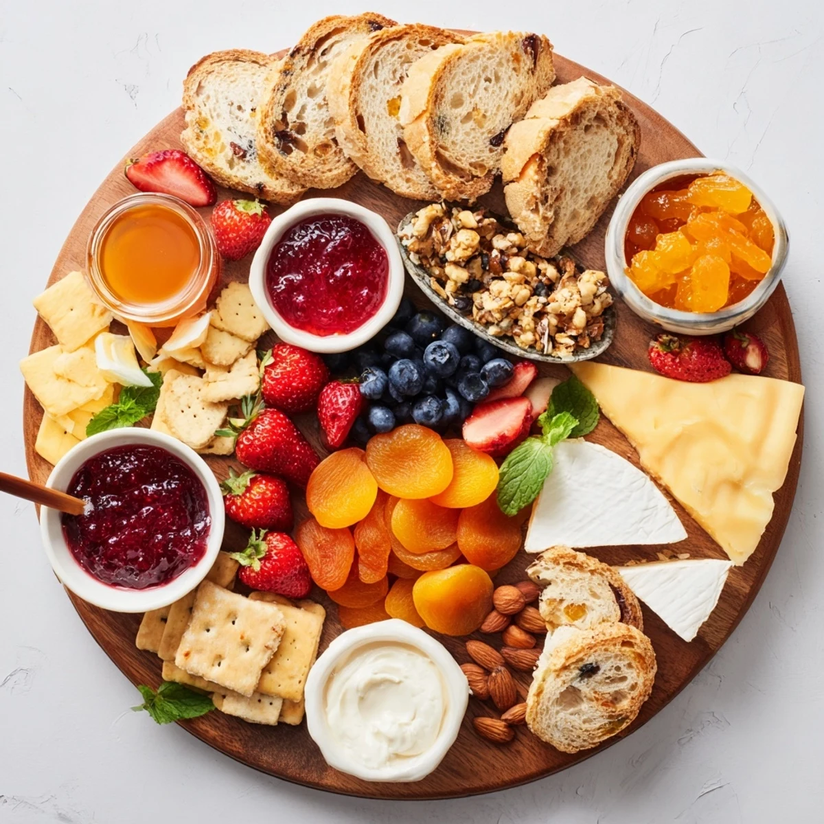 A colorful jam-infused brunch board with fresh fruits and artisan cheeses.  