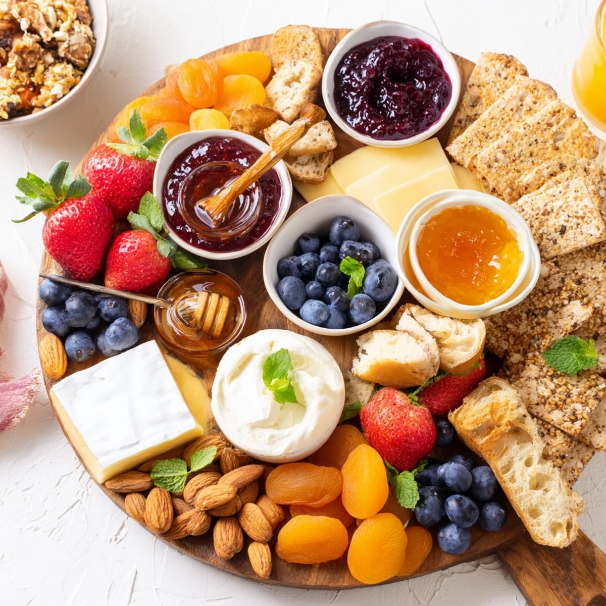Vibrant jam-infused brunch board featuring fruits, gourmet cheeses, and rustic breads.