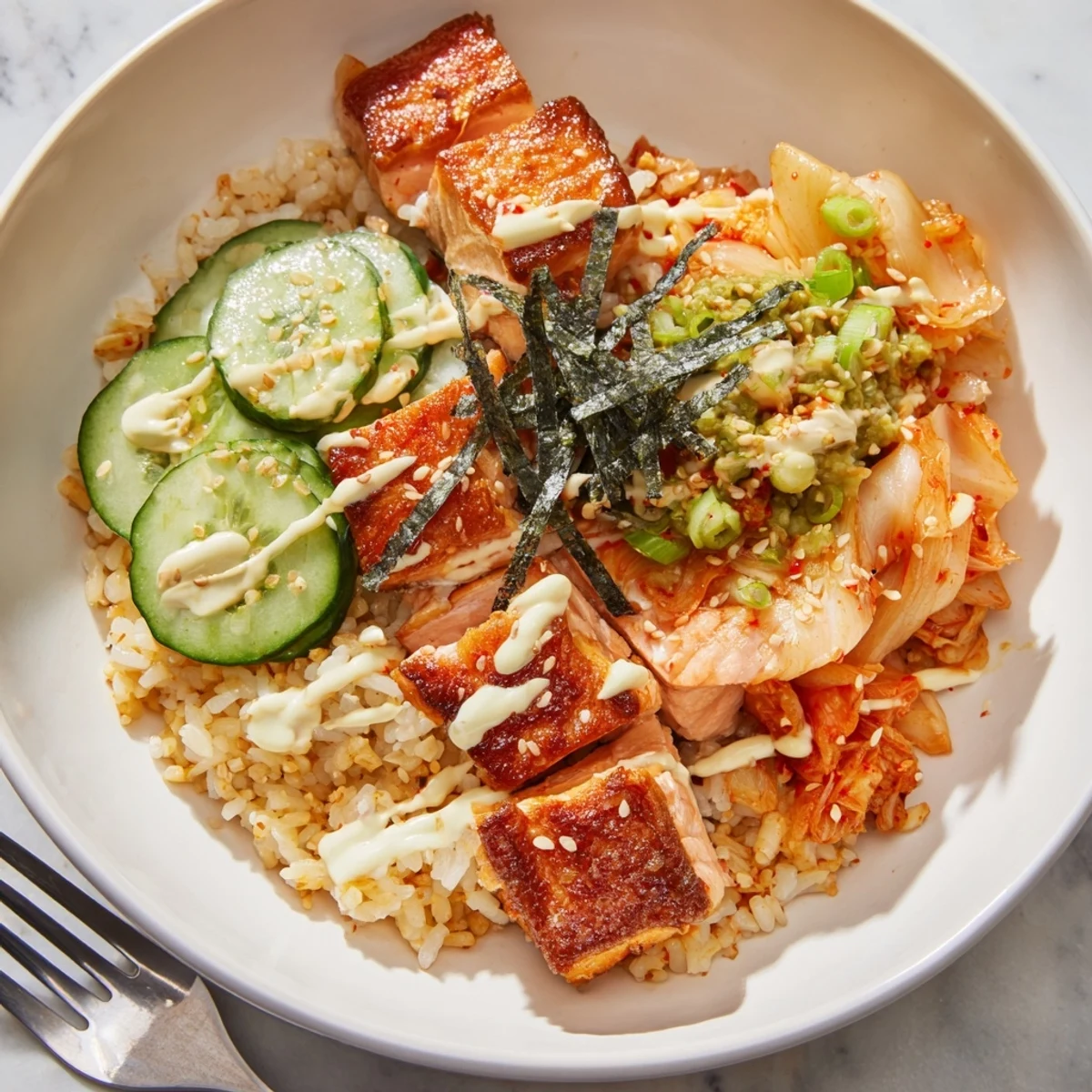 Deliciously golden crispy salmon served atop fluffy rice and fresh vegetables.  