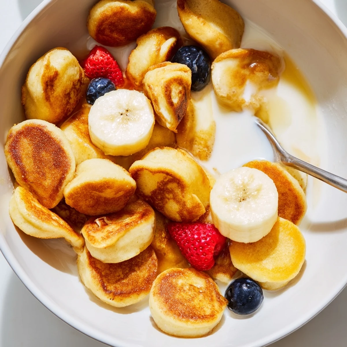 Delicious mini pancake cereal, served warm with fresh berries and maple syrup.  