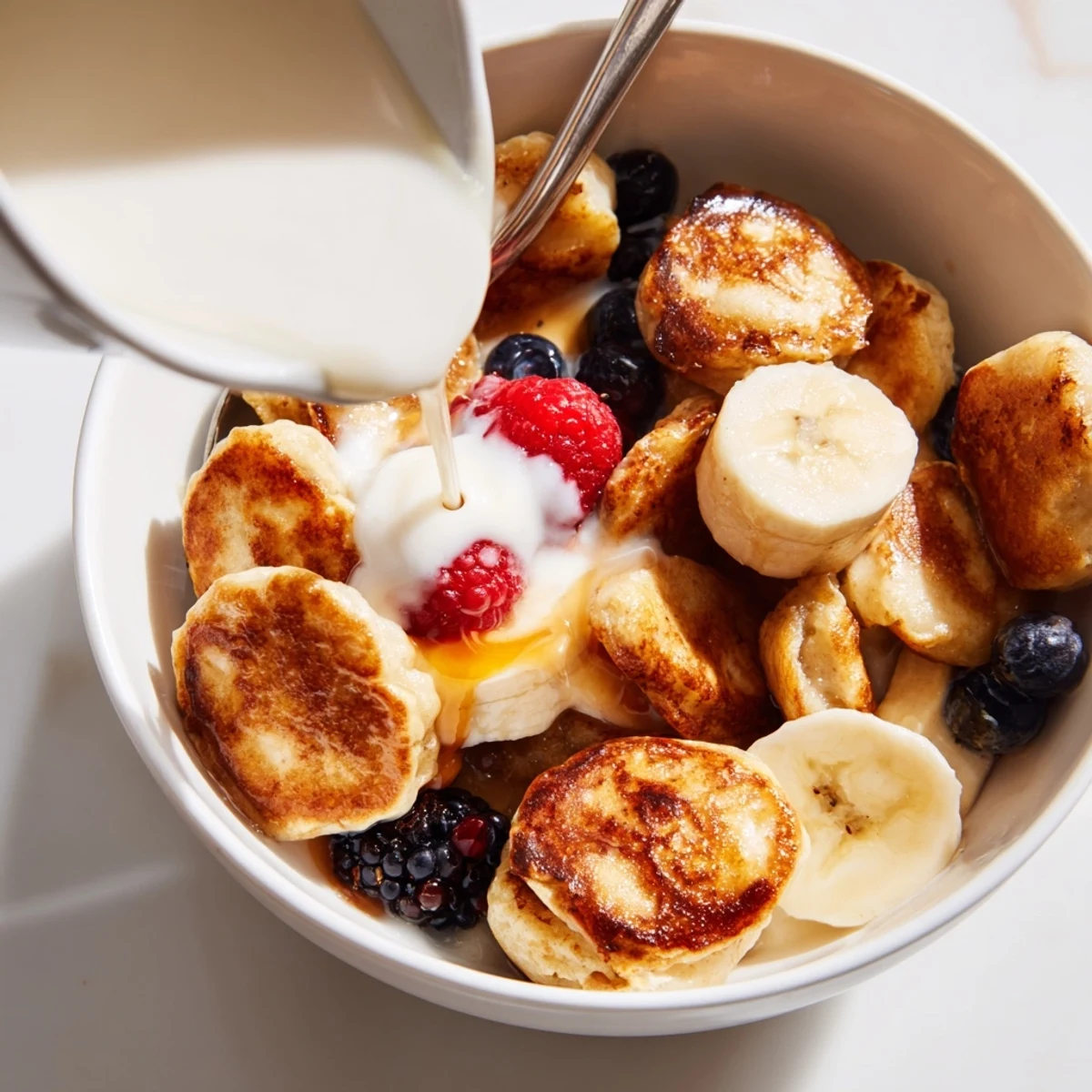 Bite-sized mini pancake cereal, golden brown and fluffy, perfect for brunch.  