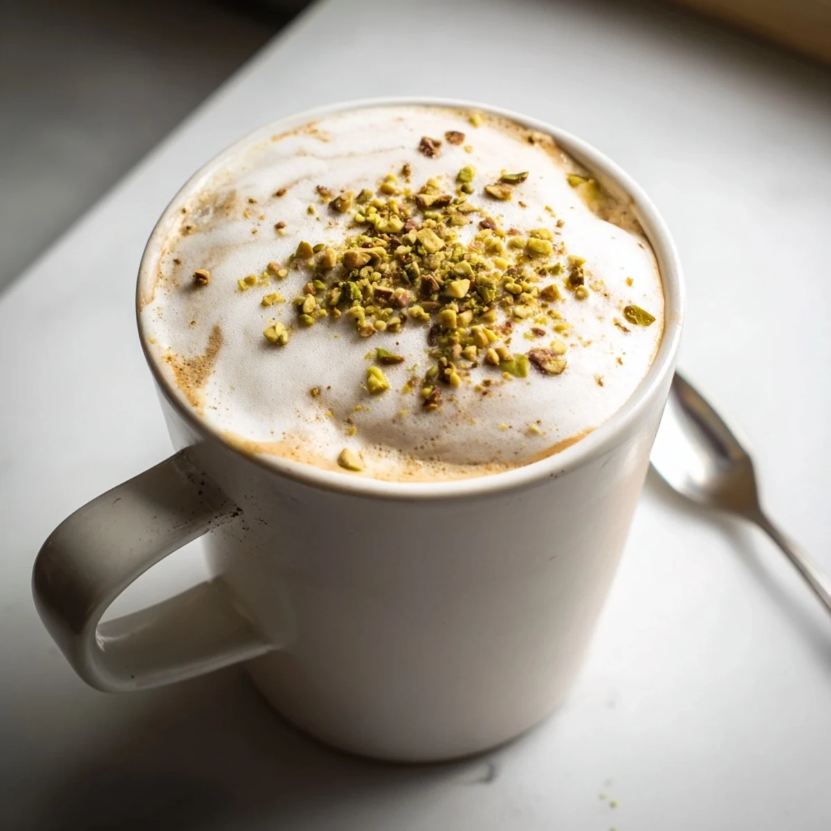 Warm and frothy pistachio milk latte, ideal for cozy afternoons or brunch gatherings.  