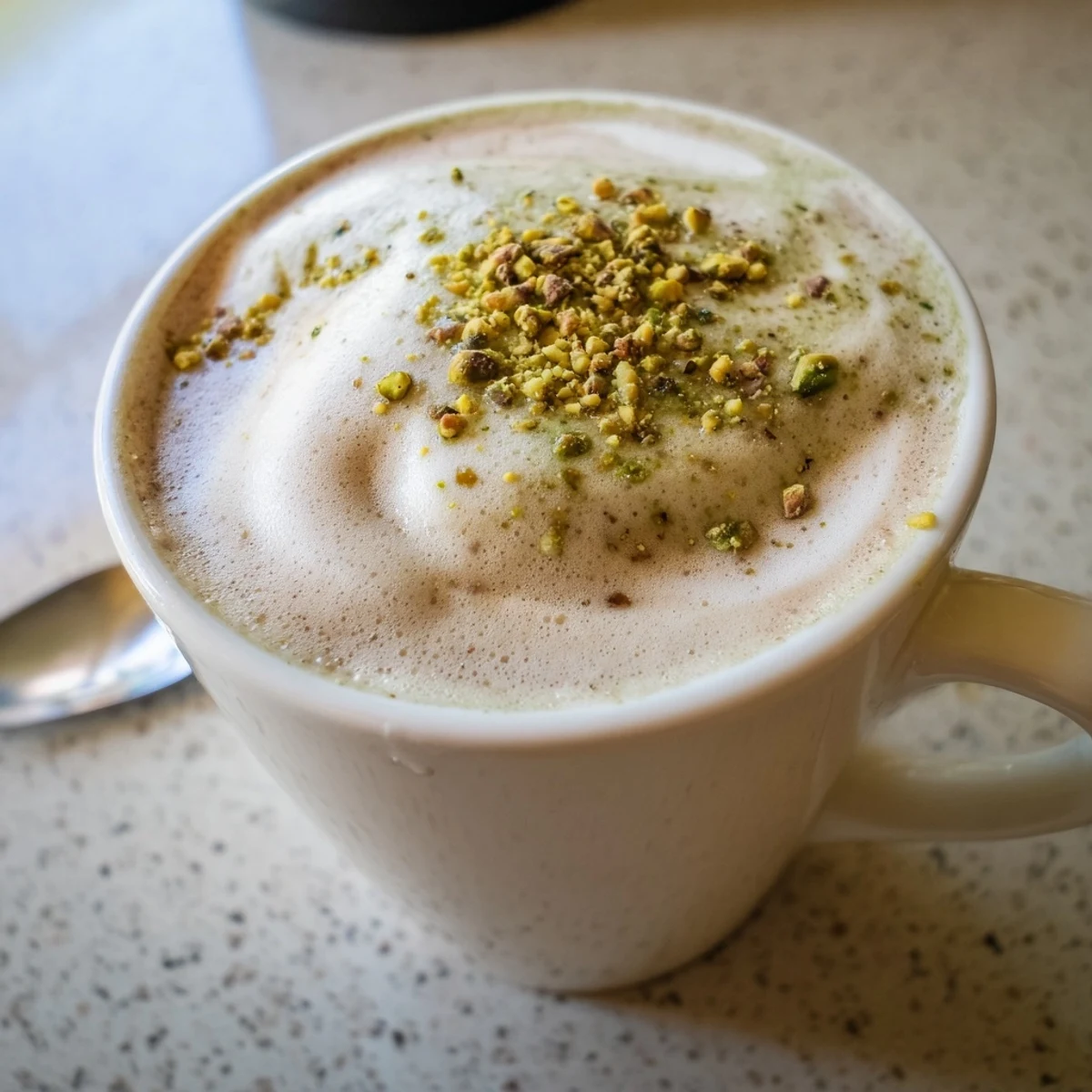 Homemade pistachio milk latte, a nutty coffee alternative garnished with crushed pistachios.