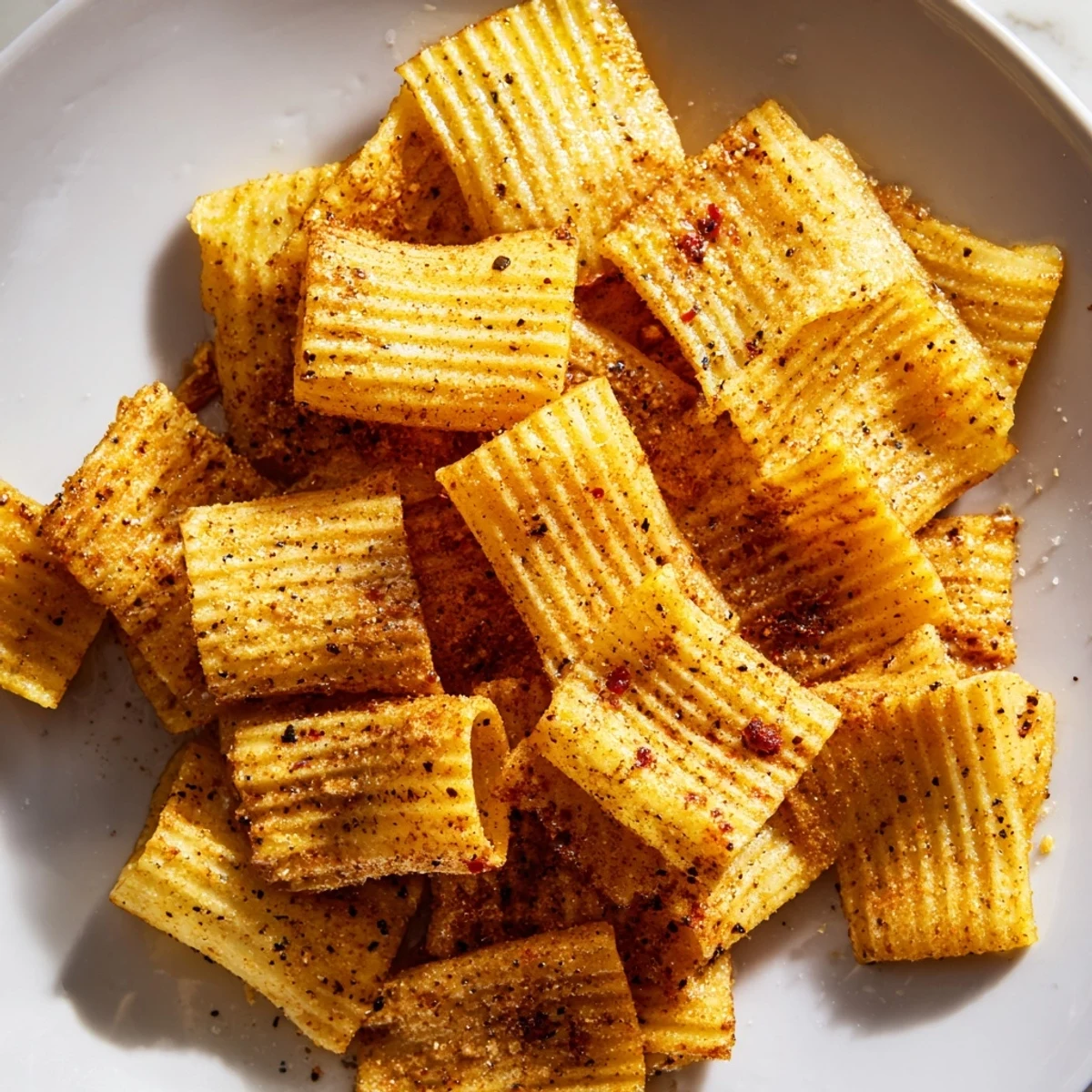 Flavorful seasoned pasta chips, perfect for snacking or pairing with creamy dips.