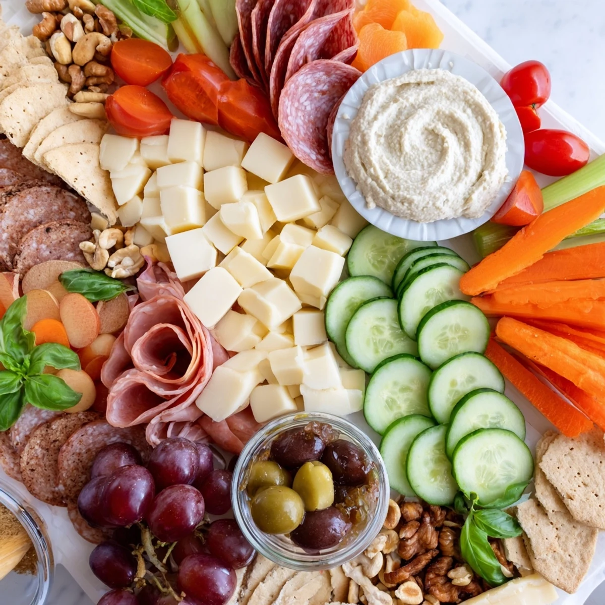 A vibrant Girl Dinner Platter brimming with cheeses, colorful fruits, and tasty dips.  