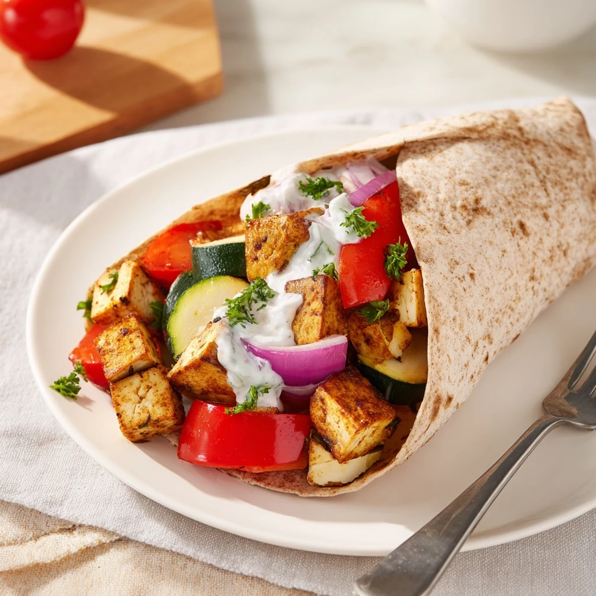 Vibrant Vegan Viral Recipe re-make with roasted tofu and colorful veggies on wraps.  