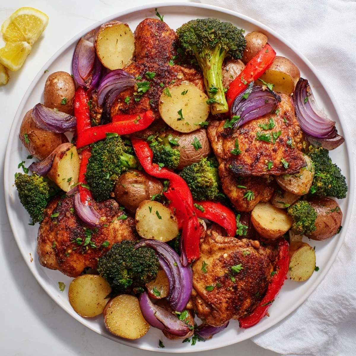 Juicy chicken thighs and vibrant veggies simmer together in a Lazy Gourmet One-Pot.  