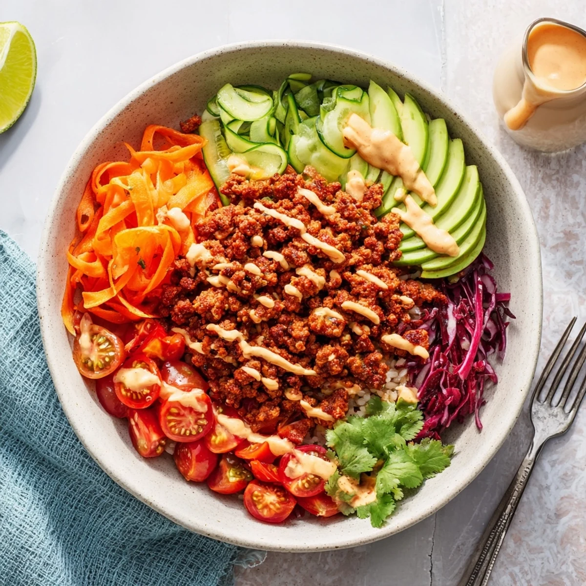 Savory plant-based meat bowl garnished with avocado, cilantro, and lime wedges.  