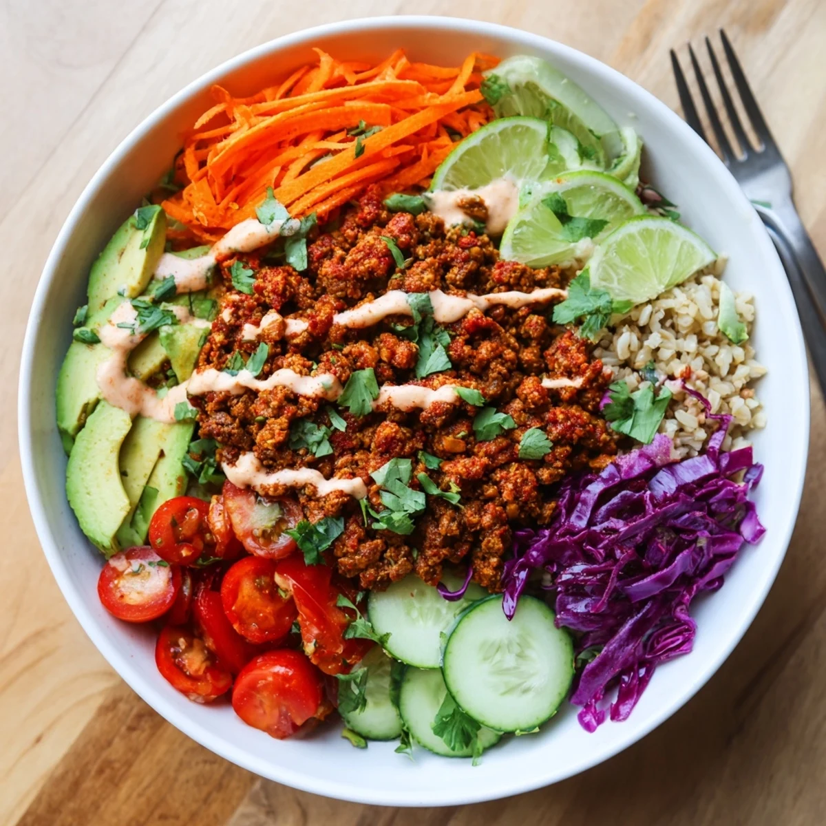 Delicious plant-based meat bowl featuring smoky seasonings and nutritious toppings.