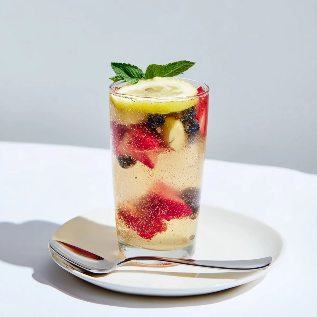 A refreshing kombucha-style home-brew mocktail garnished with vibrant fresh berries.  