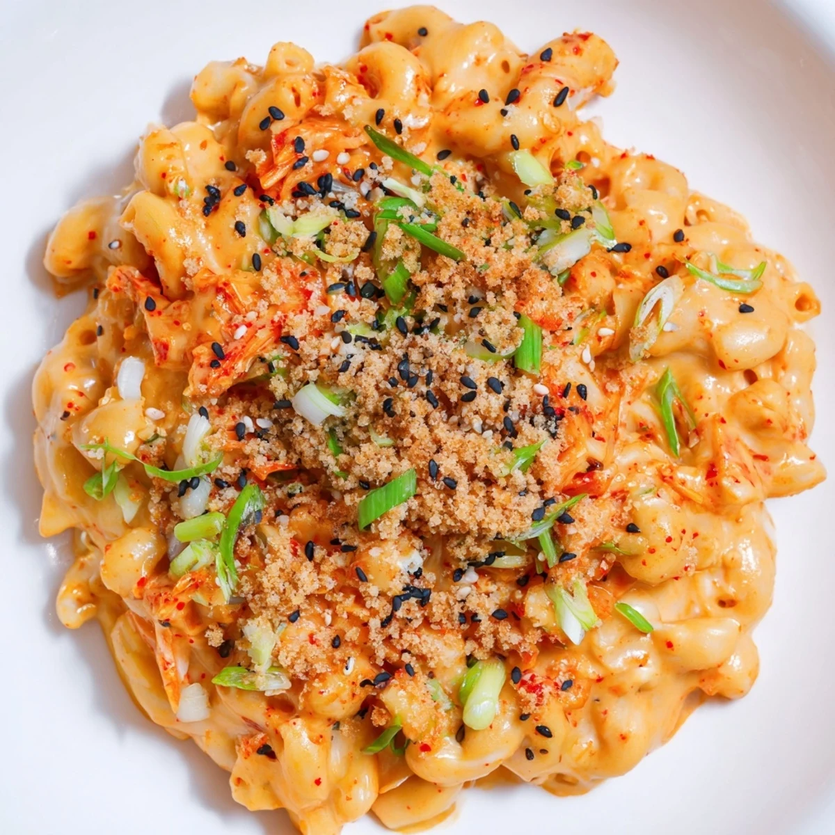 Creamy Spicy Kimchi Mac & Cheese topped with crunchy sesame for a delicious twist.  