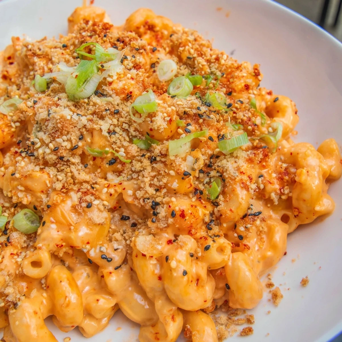 Vibrant Spicy Kimchi Mac & Cheese, featuring melty cheeses and tangy kimchi goodness.  