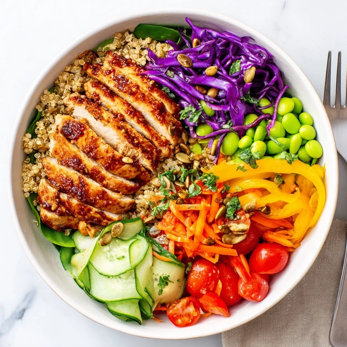 Vibrant healthy meal-prep bowls featuring colorful layers of quinoa and fresh vegetables.  