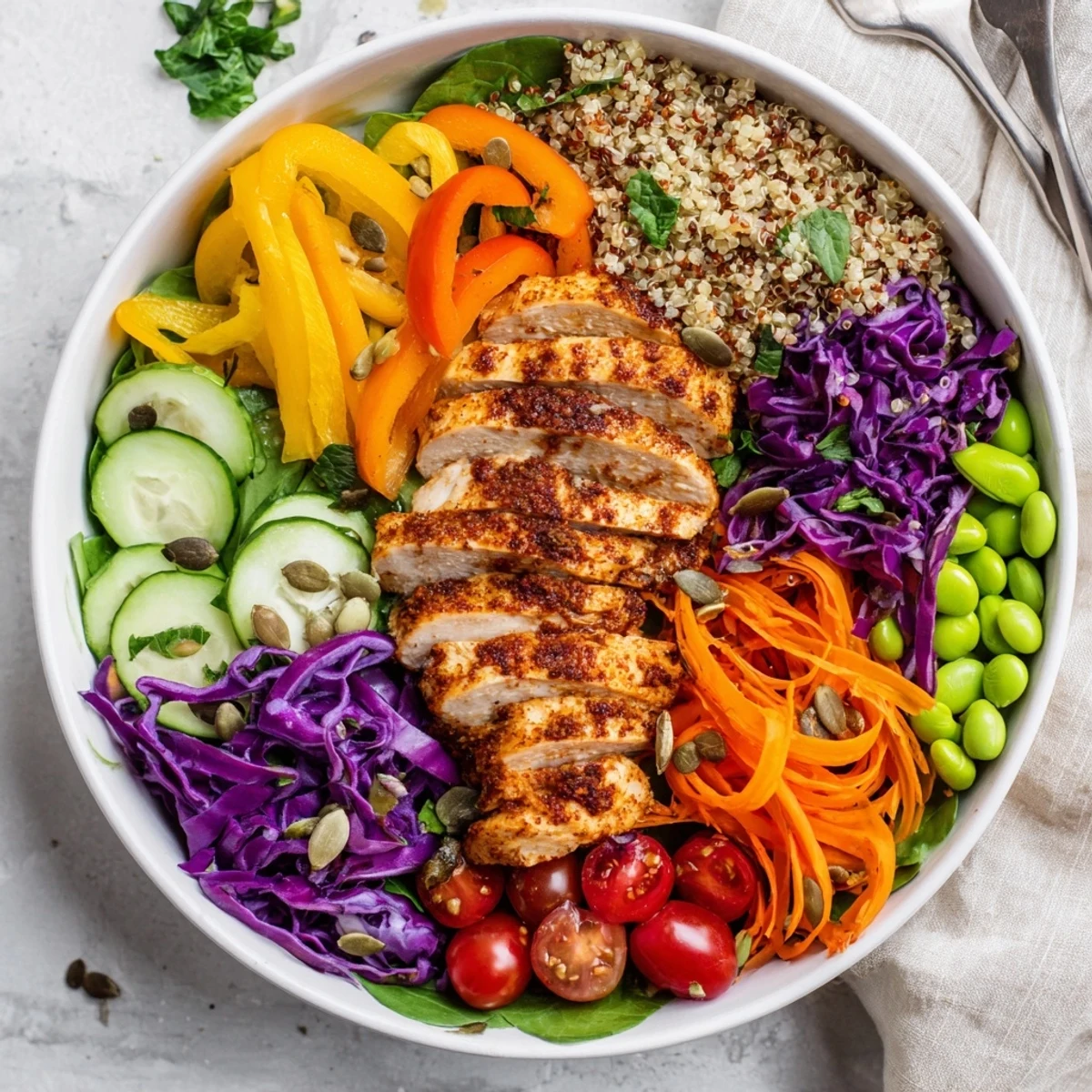 Nutritious healthy meal-prep bowls with sliced chicken, zesty dressing, and fresh greens.  