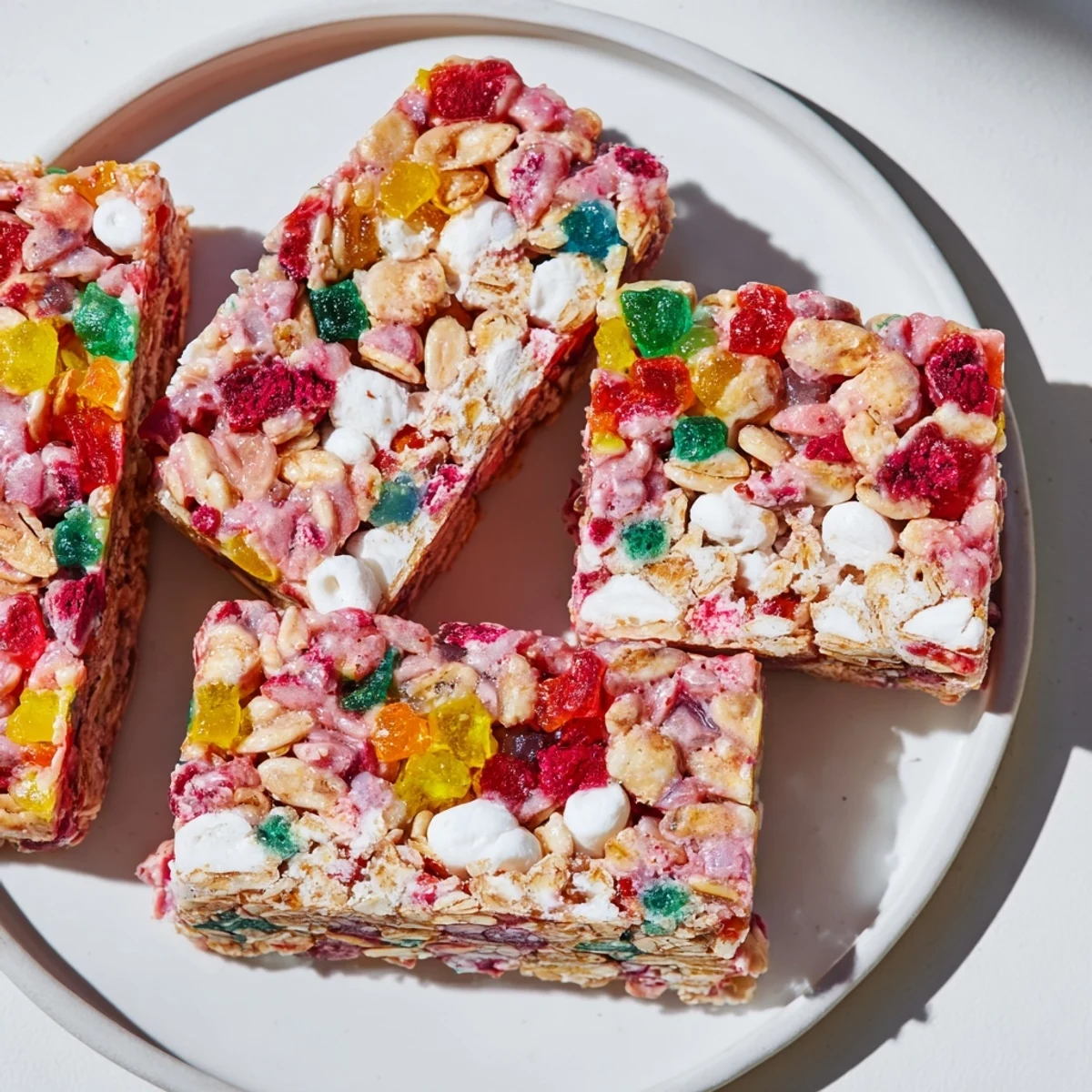 Colorful DIY snack bars topped with chewy homemade gummies and freeze-dried candies.  