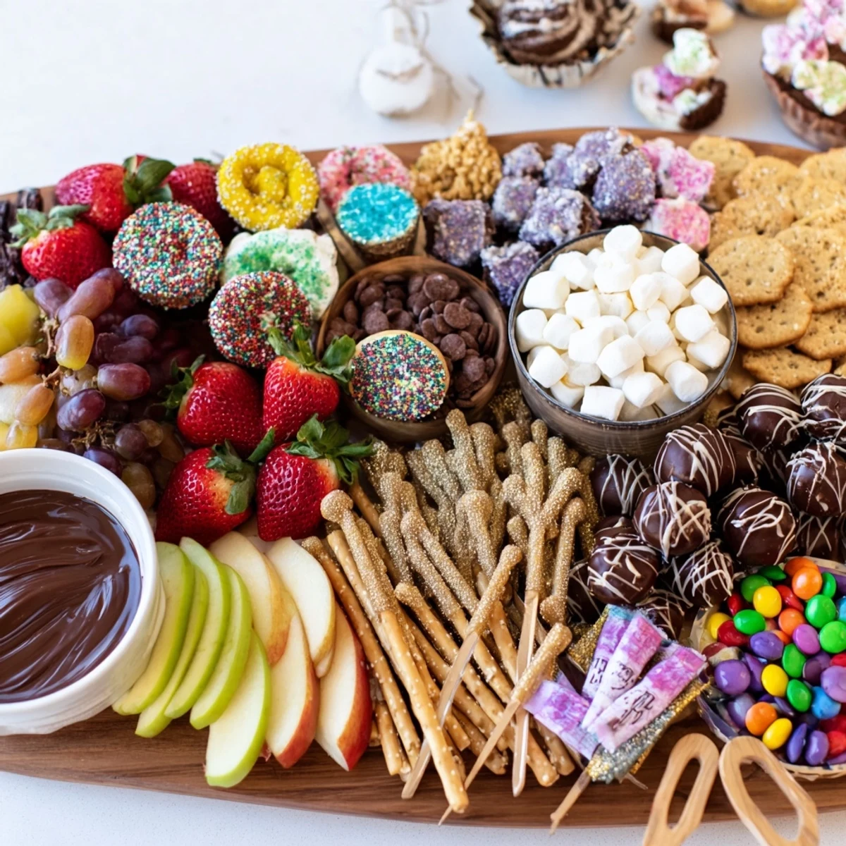 Festive dessert boards with colorful snacks and sweet treats for sharing.  