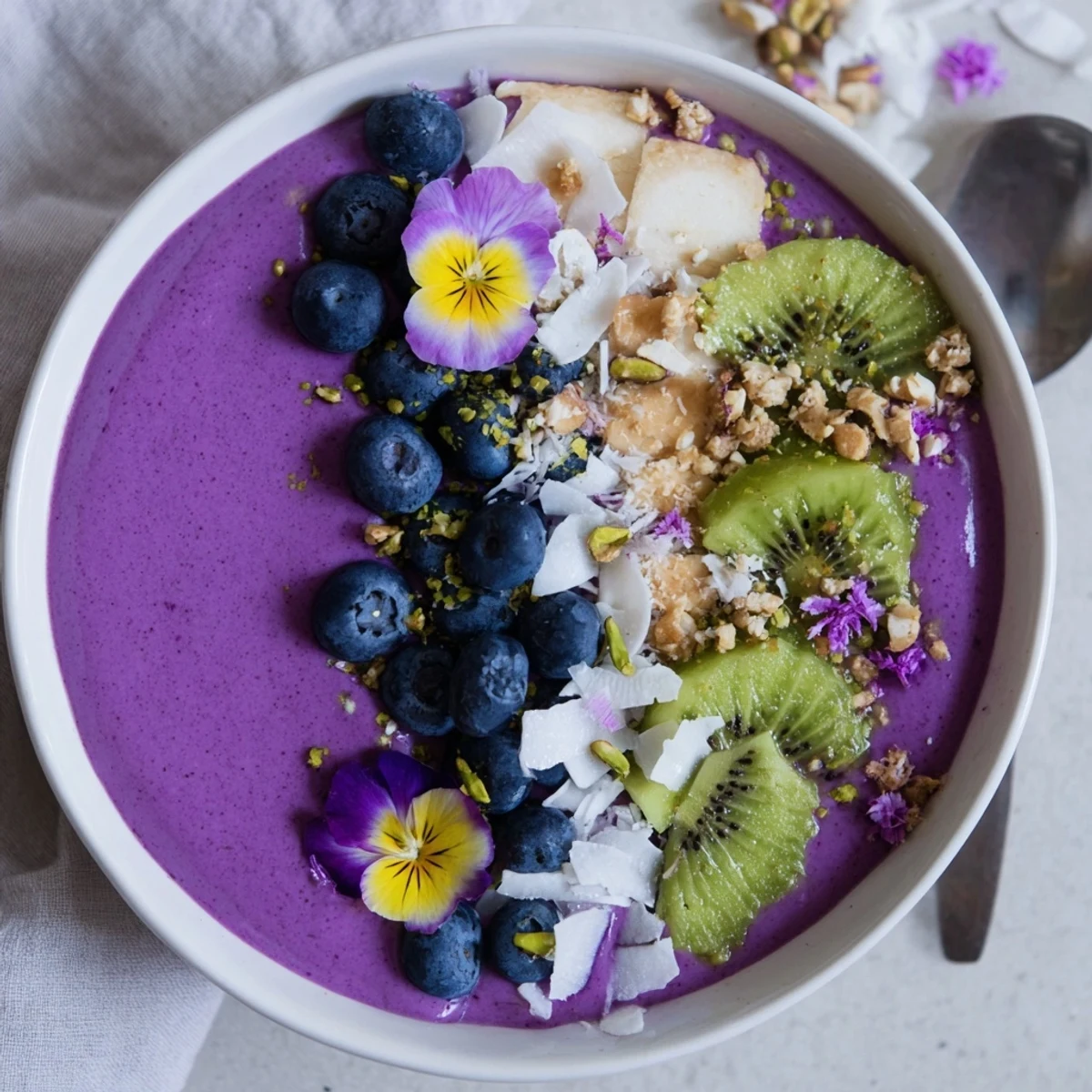 Vibrant smoothie bowls with pistachio and purple yam, topped with fresh berries.