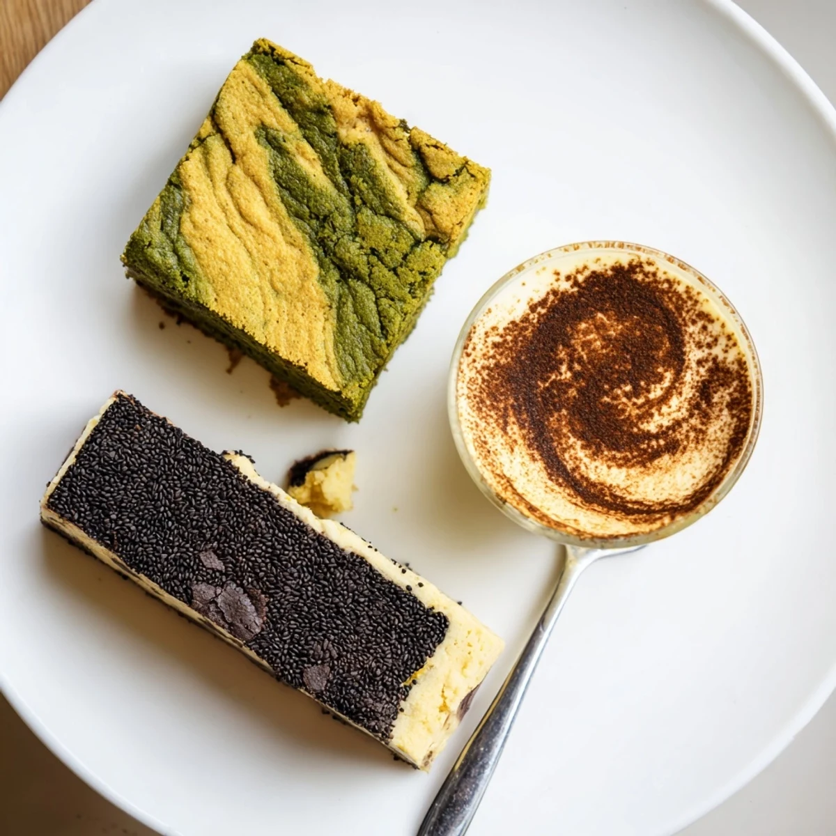 Decadent matcha-miso brownies showcasing rich chocolate and vibrant green hues.  