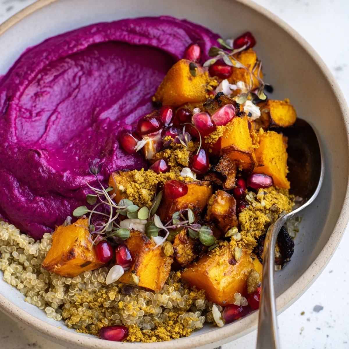 A vibrant Spiced Winter Bowl filled with roasted vegetables and colorful toppings.  