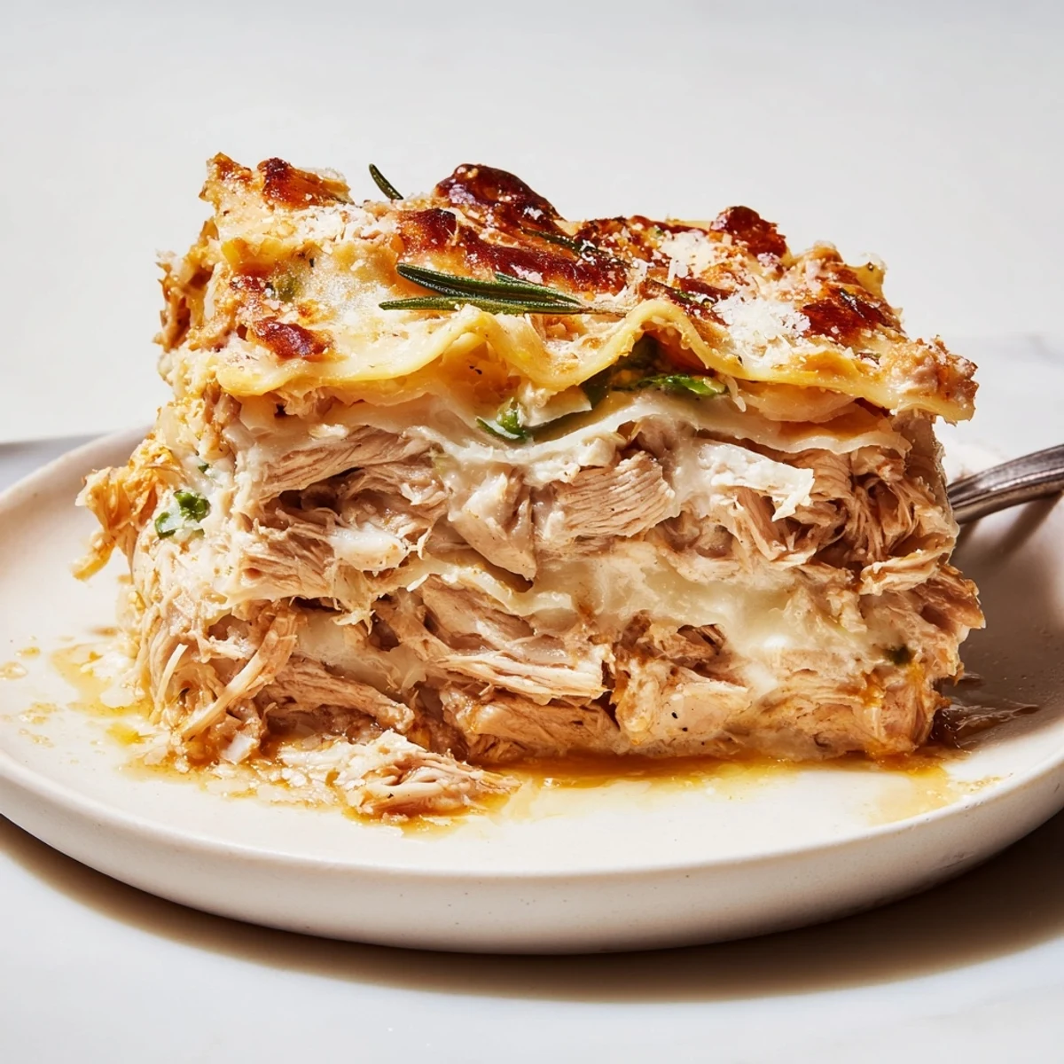 Savory rosemary chicken lasagna layered with creamy béchamel and bubbling mozzarella.  