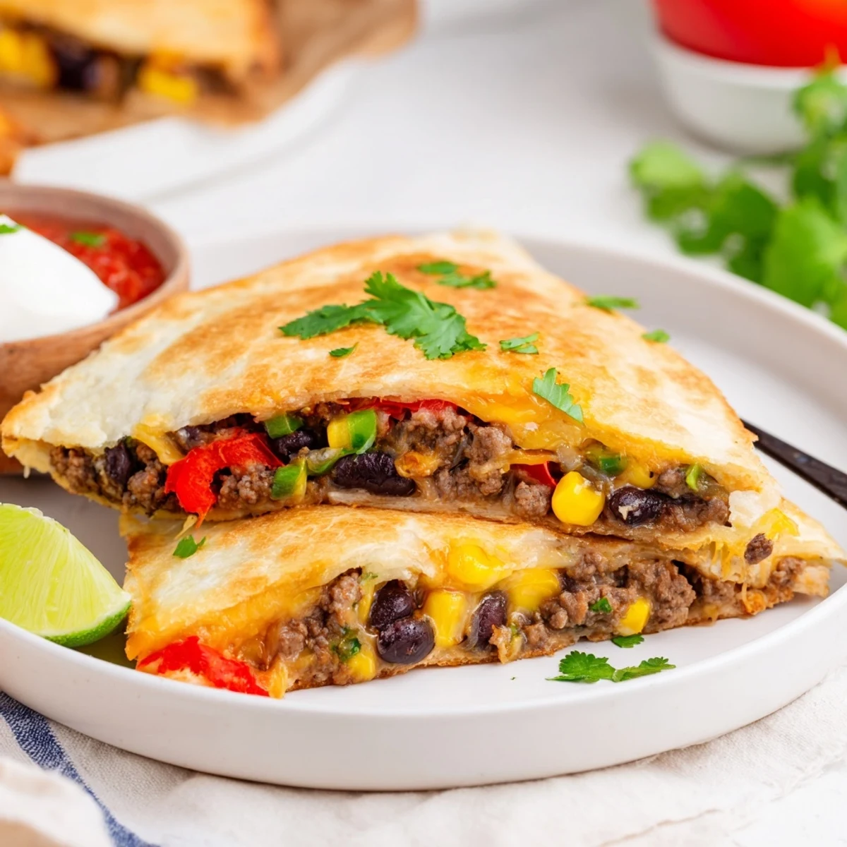Crispy Sheet Pan Quesadillas with Beef, melty cheese, and vibrant vegetables fresh from the oven.  