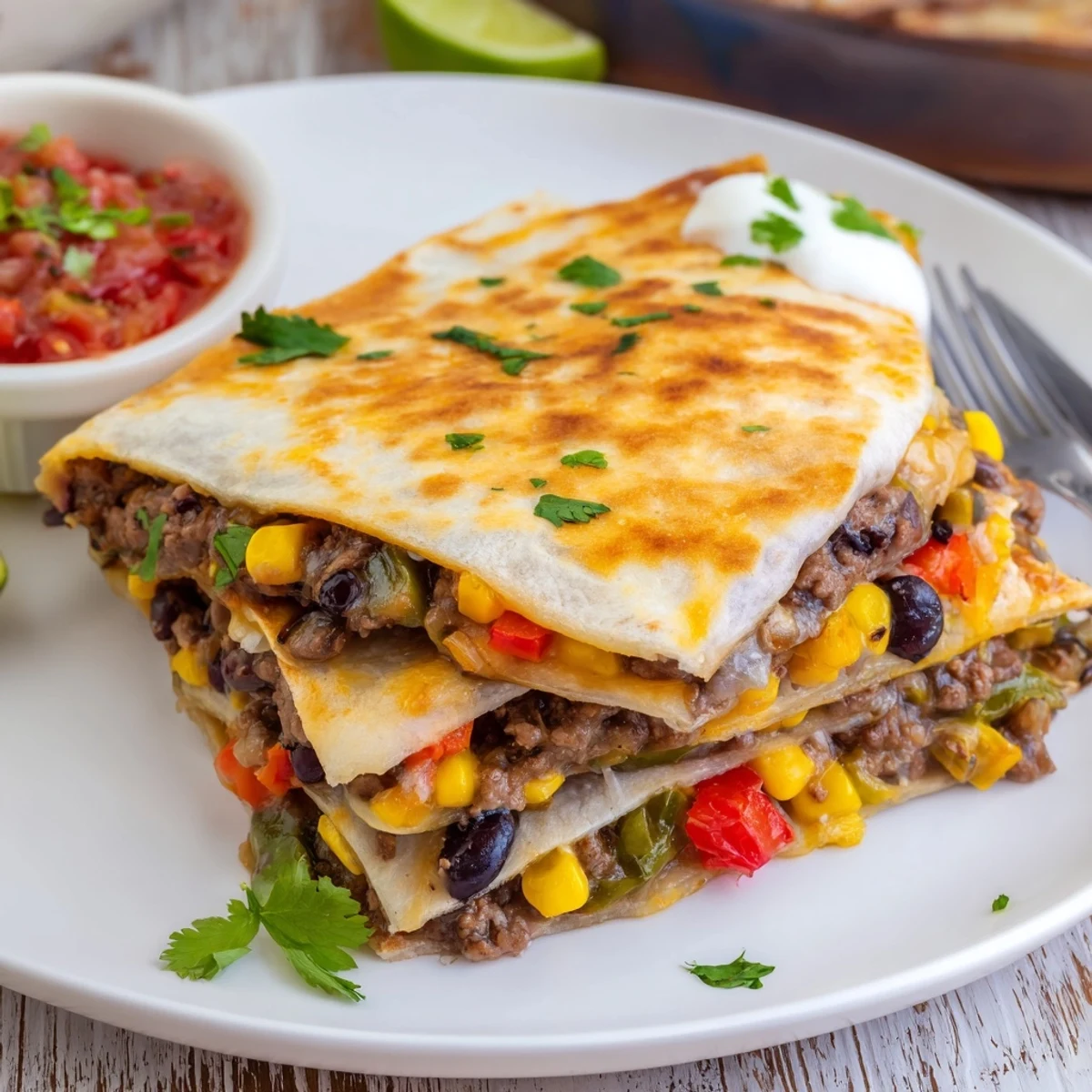 Freshly baked Sheet Pan Quesadillas with Beef, served with sour cream and zesty salsa.