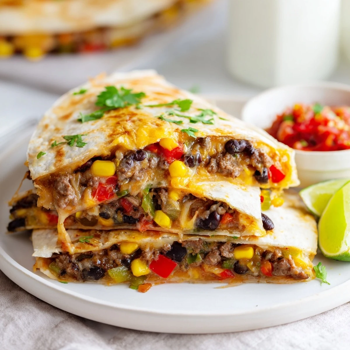 Deliciously golden Sheet Pan Quesadillas packed with seasoned beef, cheese, and colorful veggies.  