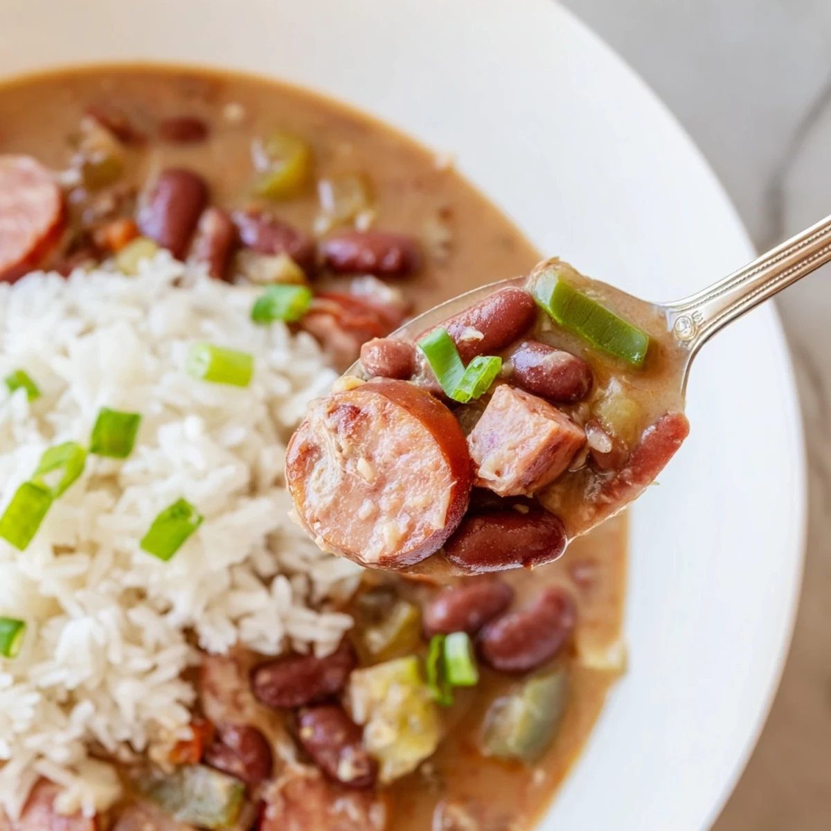 Hearty Red Beans & Rice topped with green onions and hot sauce for flavor.  