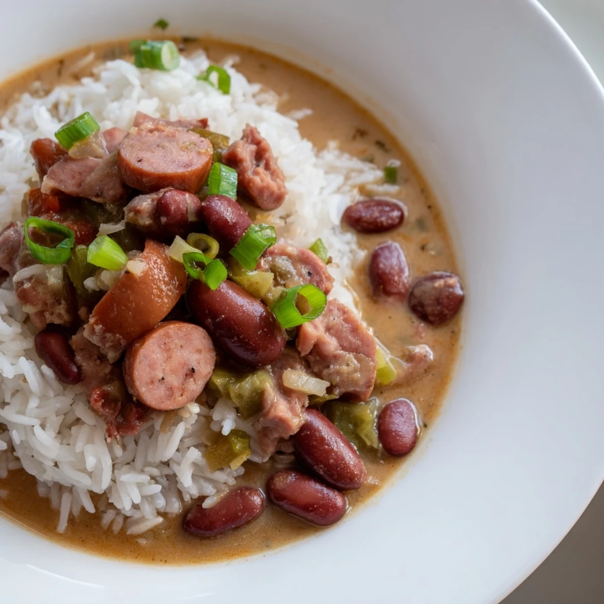 Aromatic Red Beans & Rice simmered with smoked sausage, perfect for comforting dinners.  