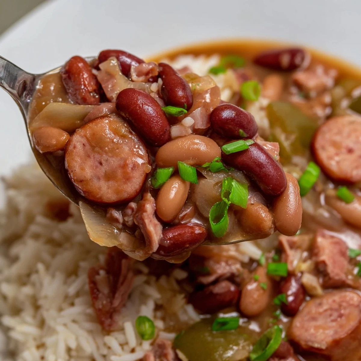 Creamy Red Beans & Rice served over fluffy white rice, garnished with parsley.