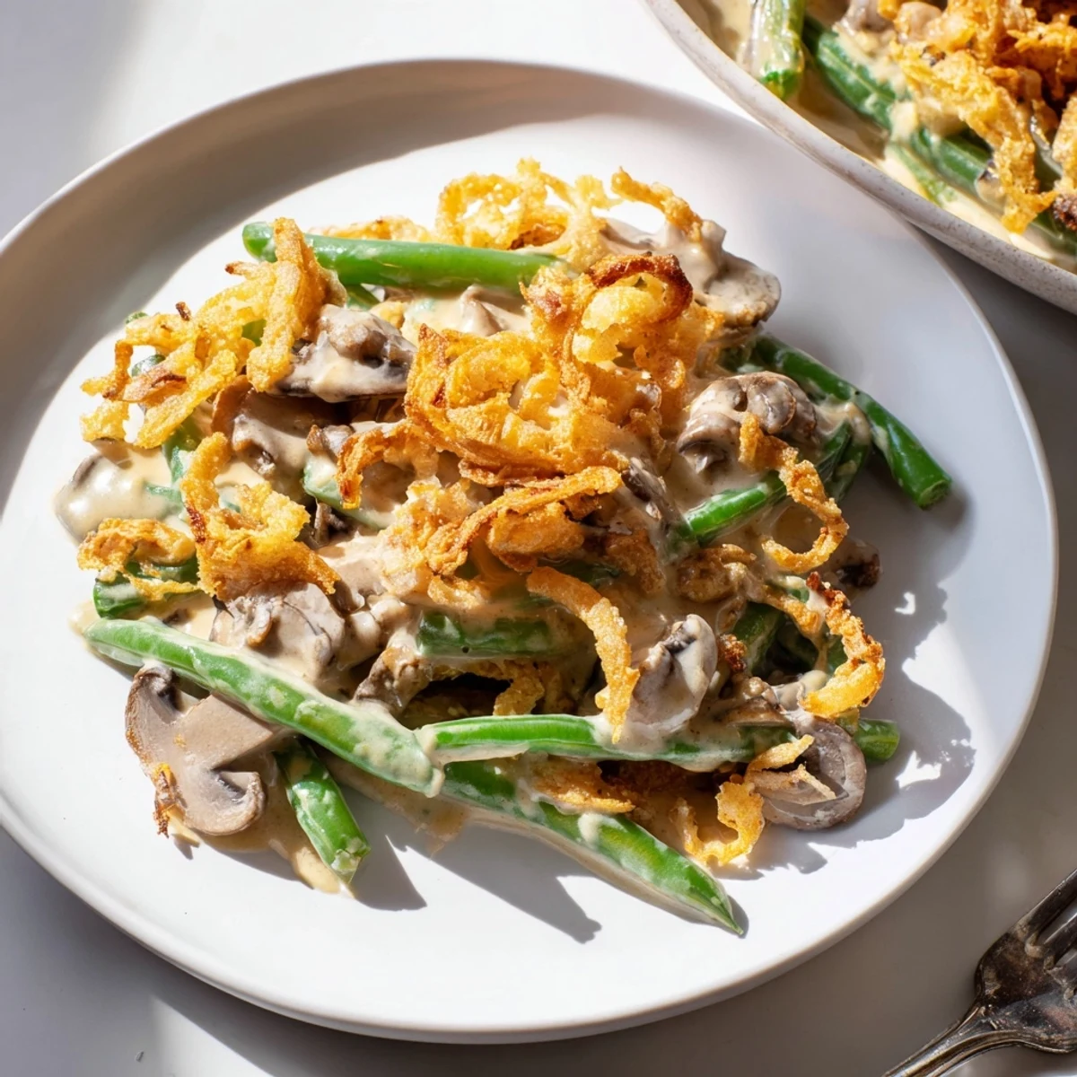 Classic old-school green bean casserole, perfect for holiday dinners and potlucks.  