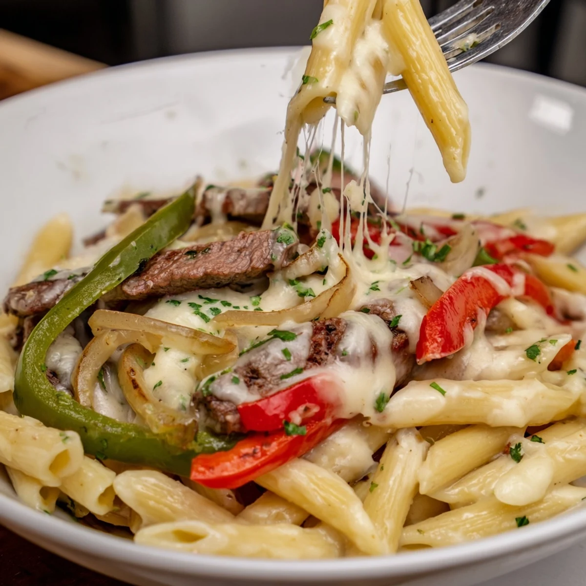 Delicious Philly cheese steak pasta served warm, topped with fresh parsley garnish.  