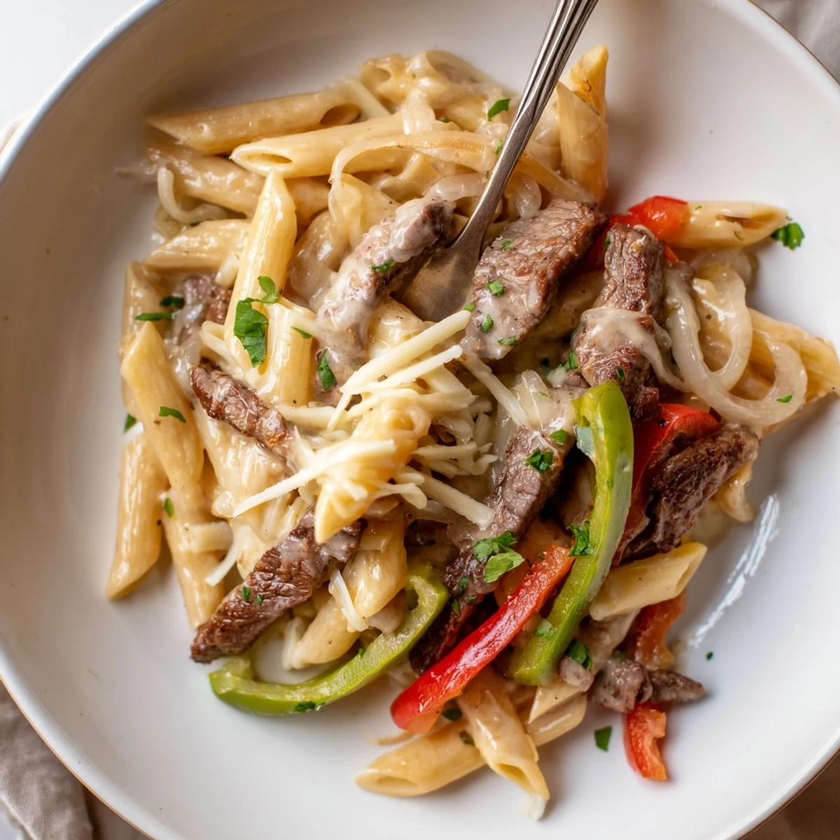 Hearty pasta dish inspired by classic Philly cheese steak, rich in flavors and textures.