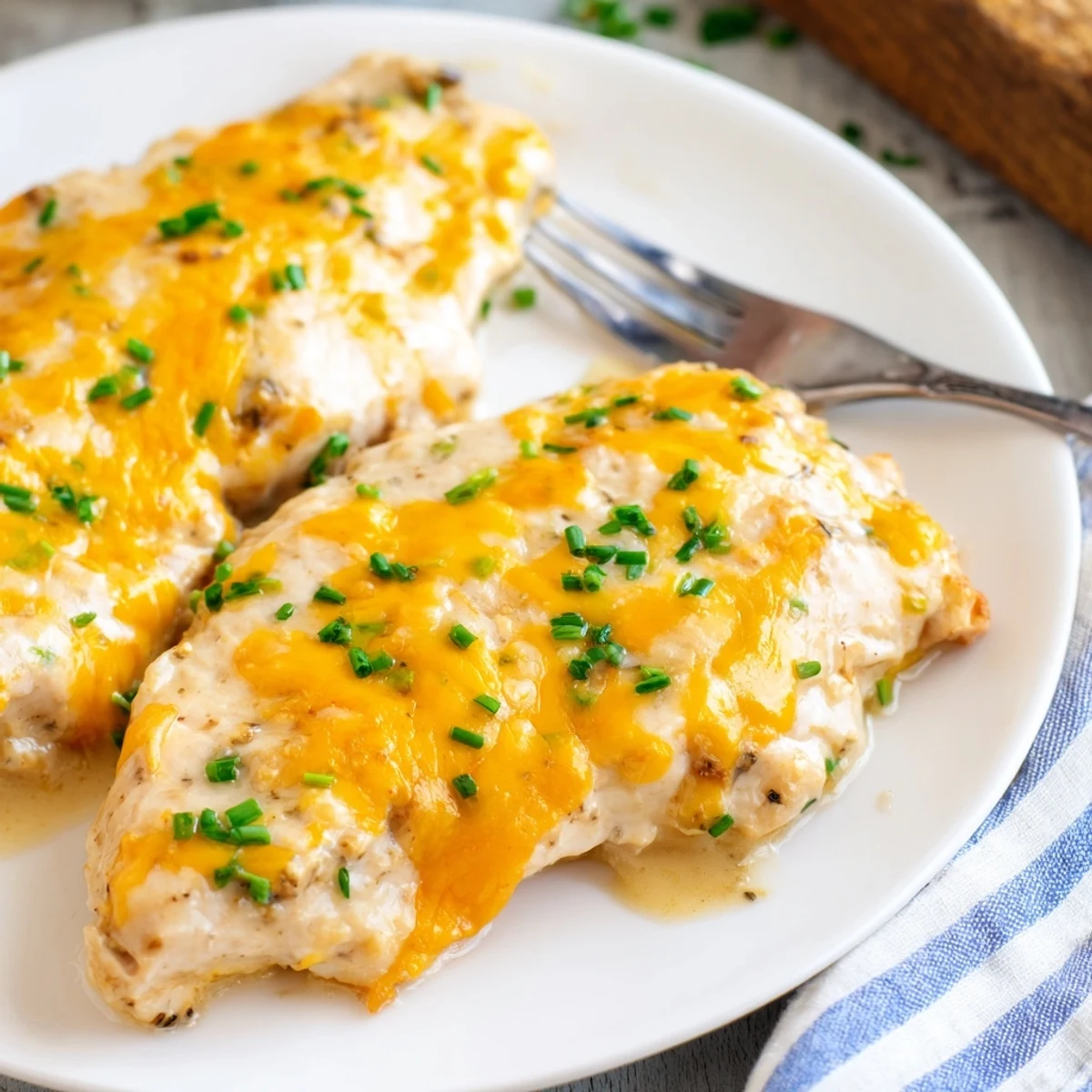 Golden Cheddar Ranch Chicken Bake topped with melted cheese and fresh herbs.  