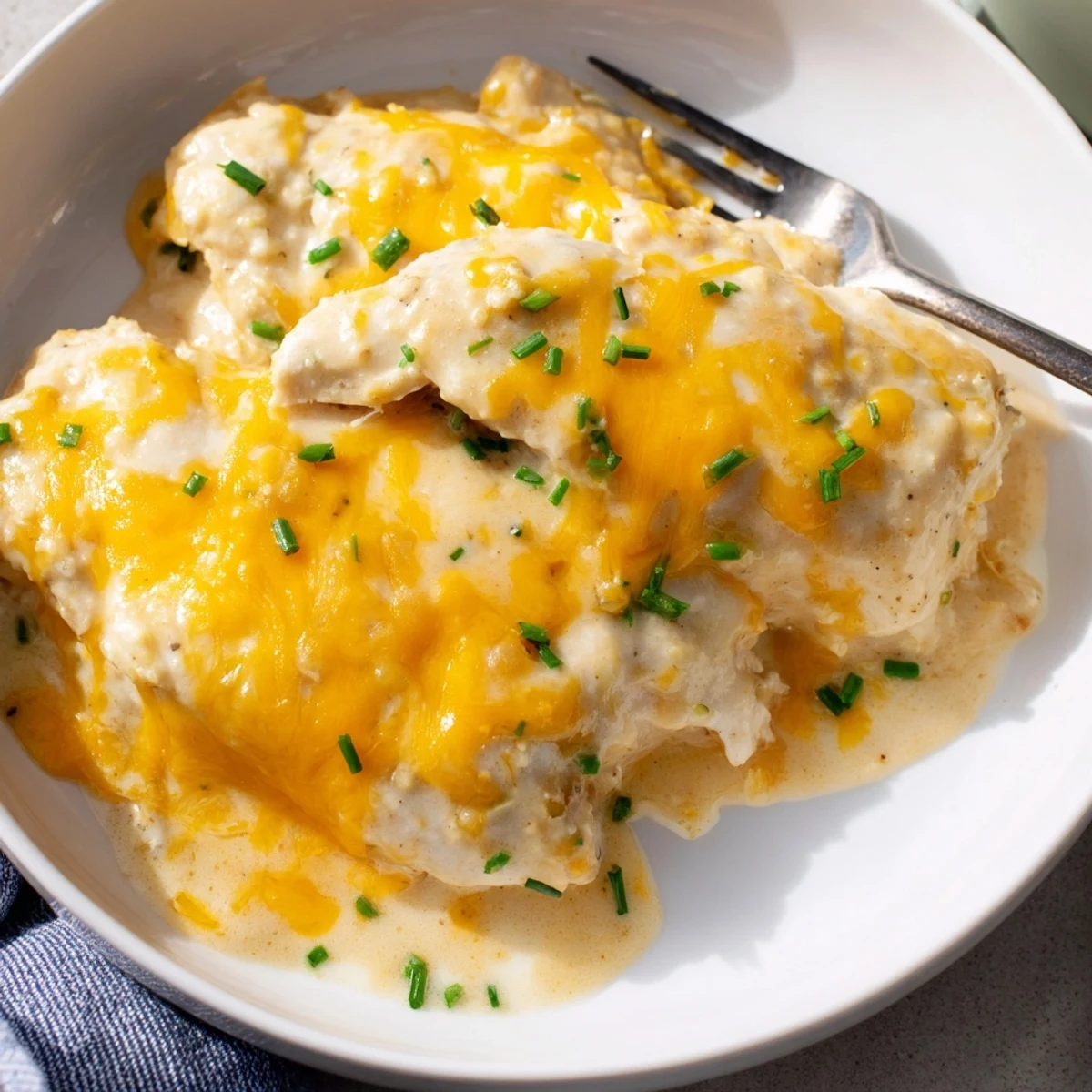Savory, cheesy Cheddar Ranch Chicken Bake served with vibrant green veggies.