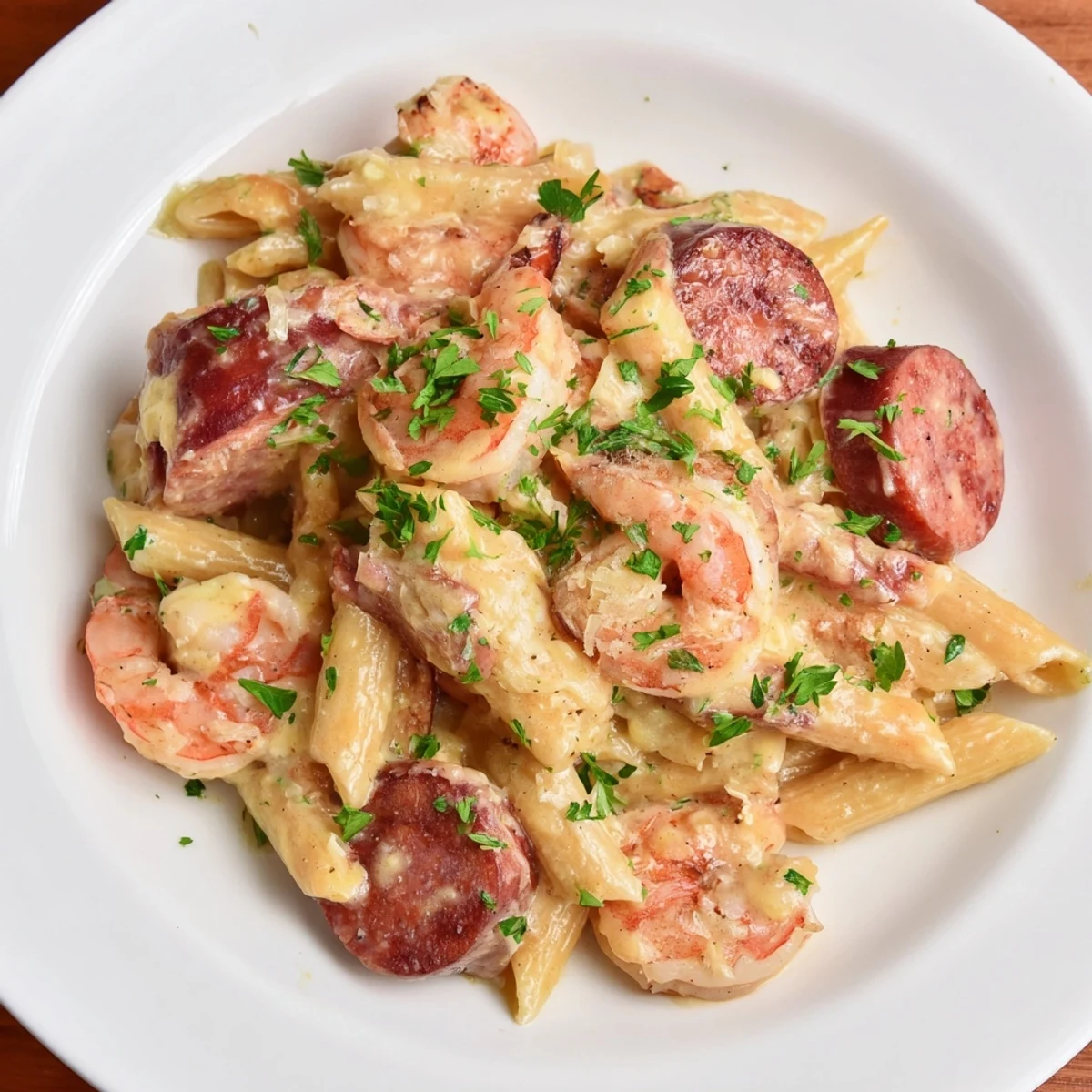 Cajun Sausage & Shrimp Alfredo Pasta Skillet sizzling in a skillet, showcasing shrimp and pasta coated in creamy sauce.