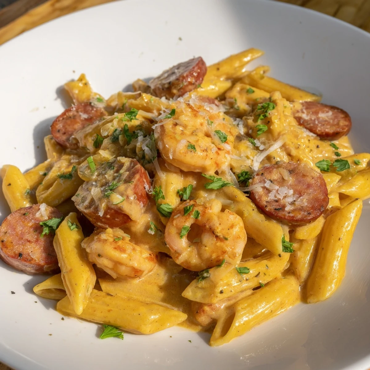 Golden-brown sausage and pink shrimp mingle within creamy Cajun Sausage & Shrimp Alfredo Pasta Skillet, a flavorful meal.