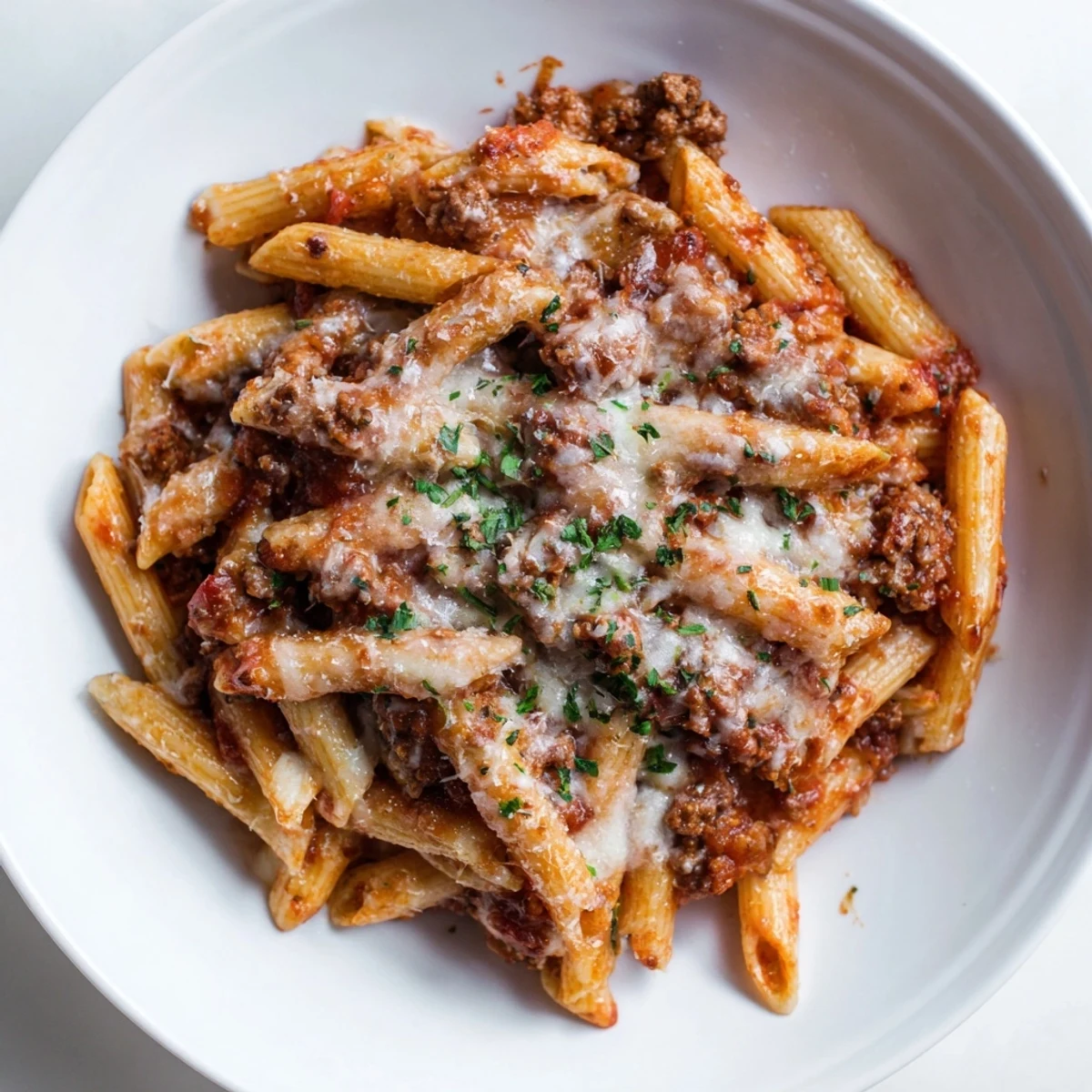 A family-sized serving of Cheesy Beef & Penne Bake, with rich tomato sauce and perfectly browned cheese.