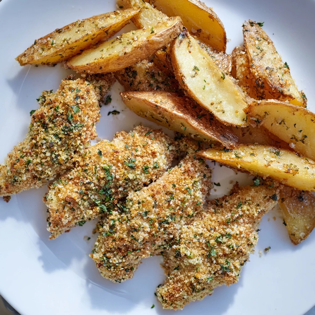 Golden-brown herbed chicken tenders and potato wedges offer a satisfying, crispy texture, perfect for dinner.
